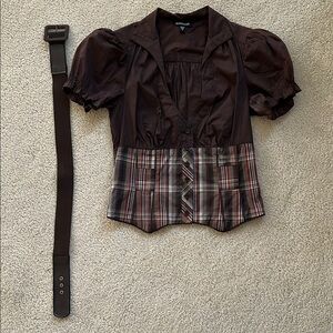Bebe Brown Puff Sleeve Blouse with Belt